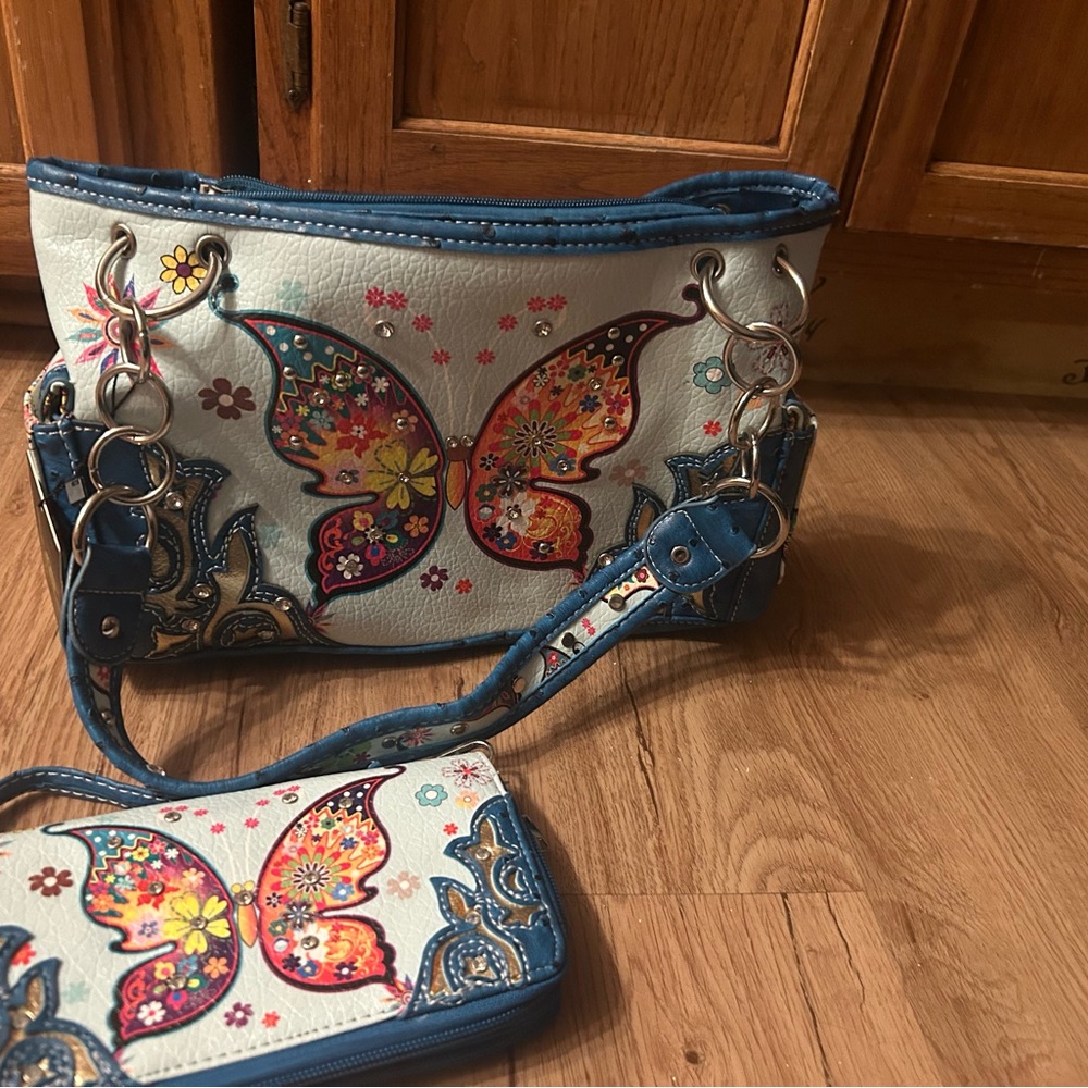 Colorful Butterfly Embroidered Shoulder Bag Set